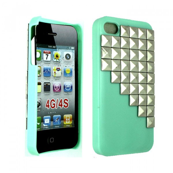 Wholesale iPhone 4 4S 3D Pyramid Studs Case (Silver - Green)